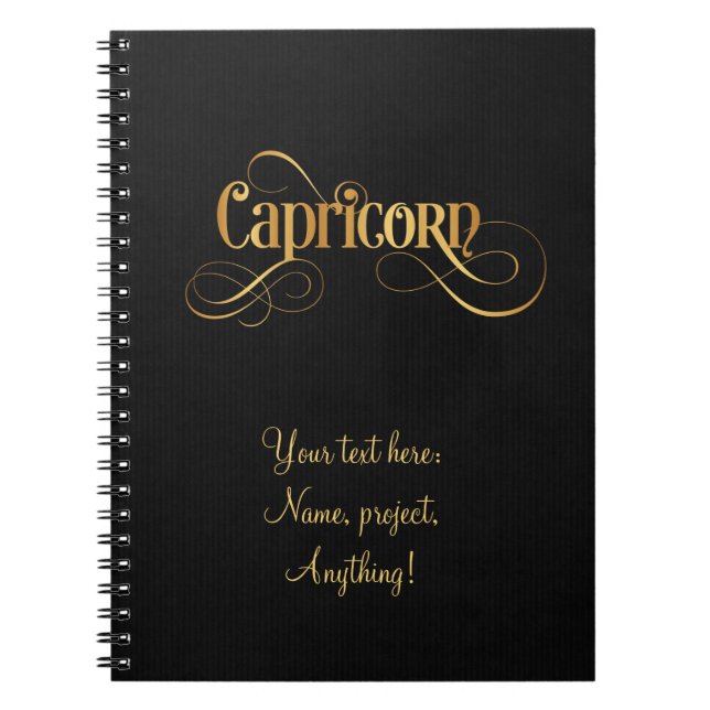 Caderno Espiral Símbolo Zodíaco de Script Suave Dourado em Preto (Frente)