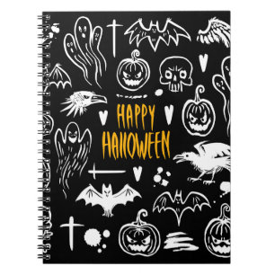 Caderno Espiral Símbolos de Halloween desenhados à mão, coleção de