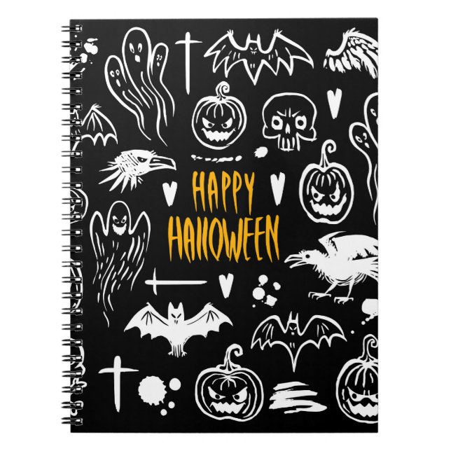Caderno Espiral Símbolos de Halloween desenhados à mão, coleção de (Frente)