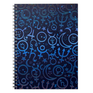 Caderno Espiral Símbolos Planetários Azuis Universo Místico Planet