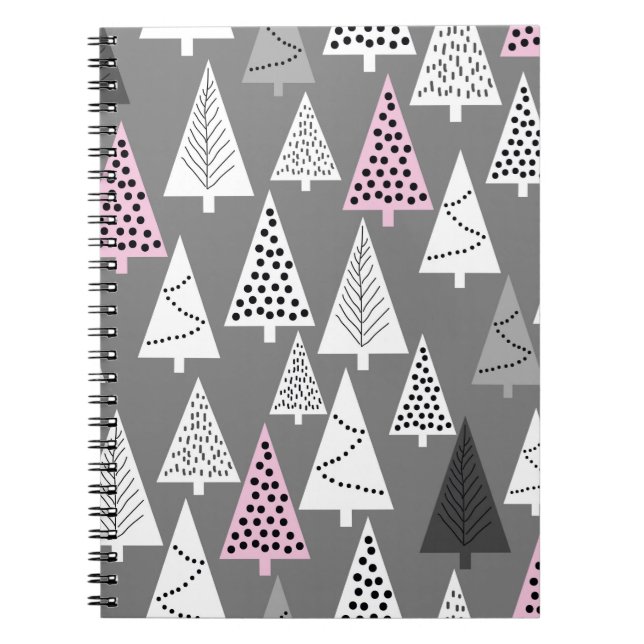 Caderno Espiral Simples padrão de Natal. Cinza abstrato e branco  (Frente)