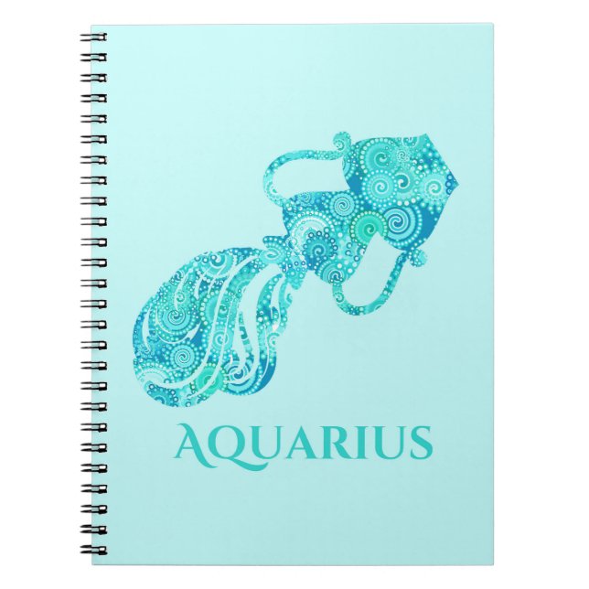 Caderno Espiral Sinal de Zodiac para Aquário em um Padrão Turquesa (Frente)