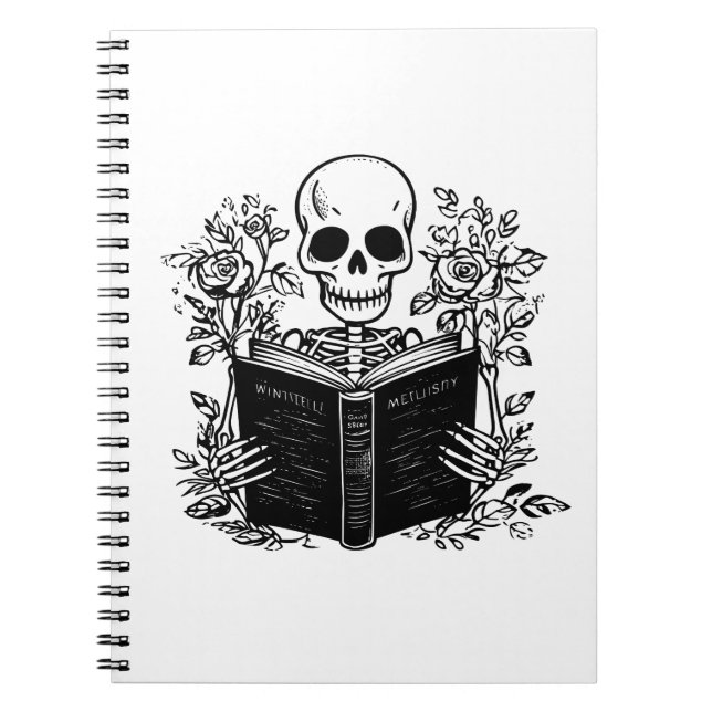 Caderno Espiral Skeleton lendo livro romântico (Frente)