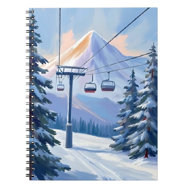 Caderno Espiral Ski Lift | Mountain Winter Watercolor Skiing (Frente)