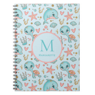 Caderno Espiral Sob o mar, monogramas de golfinhos e tartarugas ag
