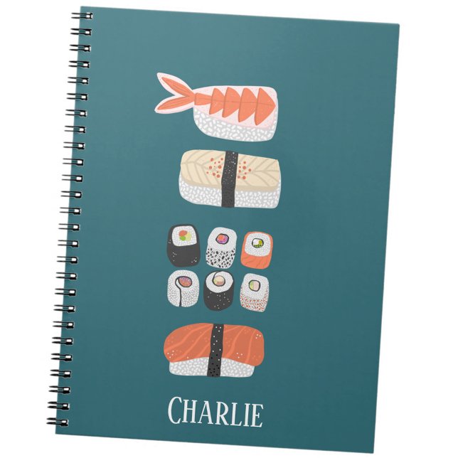 Caderno Espiral Sobrecarga de Sushi Japonês Personalizada (Fun Japanese sushi food art personalized custom name notebook)