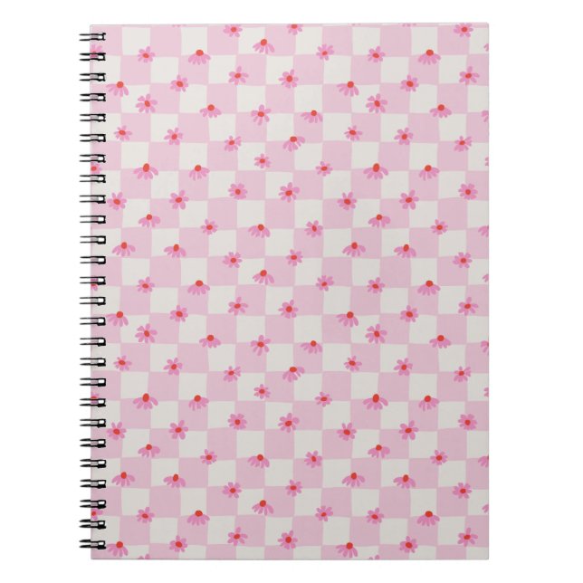 Caderno Espiral Soft Pink Daisy Checkerboard Floral Pattern (Frente)