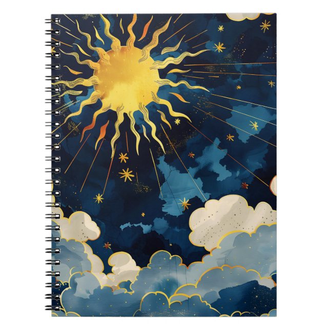 Caderno Espiral Sol Celeste Moderno Estrelas e Nuvens Azuis (Frente)