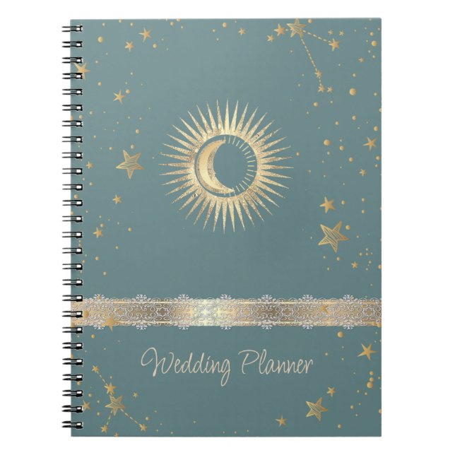 Caderno Espiral Sol Celestial Dourado E Estrelas Luas Mint Verde (Frente)