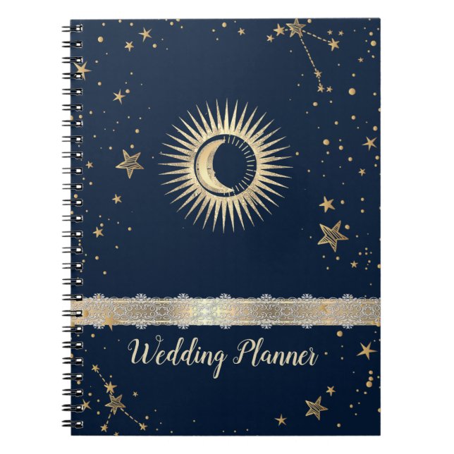 Caderno Espiral Sol Dourado Celestial E Estrelas Da Lua (Frente)