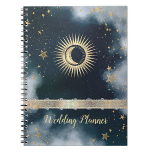 Caderno Espiral Sol Dourado Celestial,Lua,Estrelas Céu Noturno