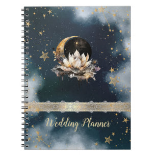 Caderno Espiral Sol Dourado Celestial, Lua, Estrelas Lótus Céu Not