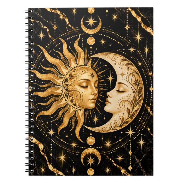 Caderno Espiral Sol e Lua Celestiais Dourados (Frente)