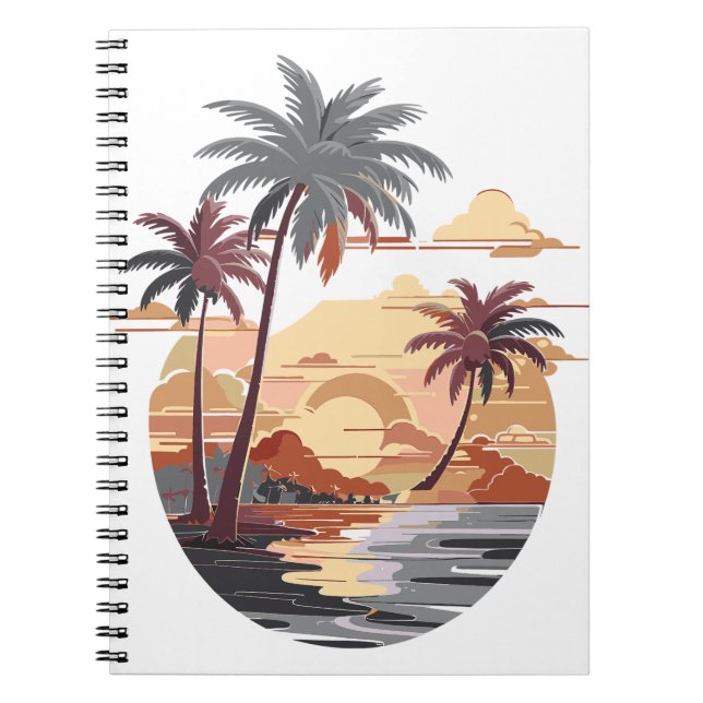 Caderno Espiral Sol havaiano com palmeira. (Frente)