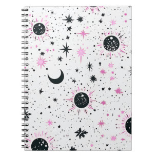 Caderno Espiral Sol Lua Estrelas Celestiais Preto e Rosa