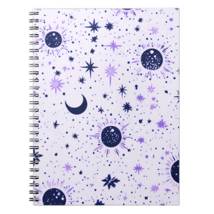 Caderno Espiral Sol Lua Estrelas Celestiais Preto e Roxo