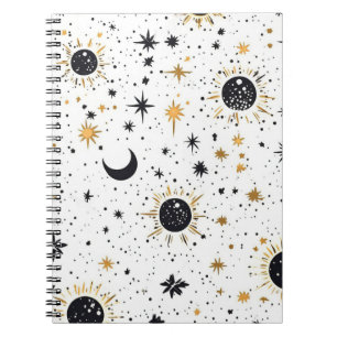 Caderno Espiral Sol Lua Estrelas Preto e Dourado Celestial