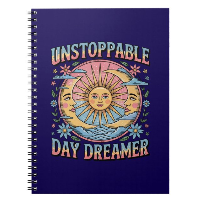 Caderno Espiral Sonhador Imparável Design Retro Sol Lua  (Frente)