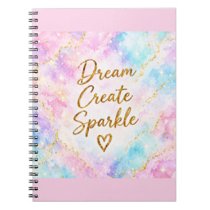 Caderno Espiral Sonhar Criar Brilho Pastel Aquarela Dourado Rosa
