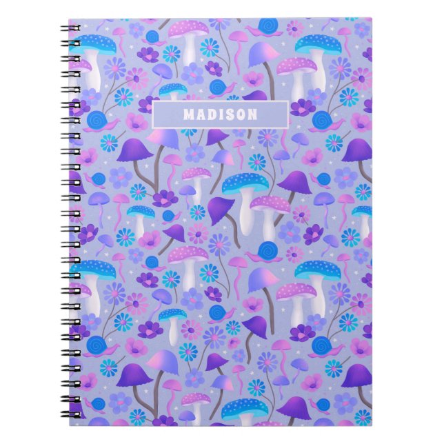 Caderno Espiral Sonhos Cogumelos Flores Caracóis Turquesa Roxo (Frente)
