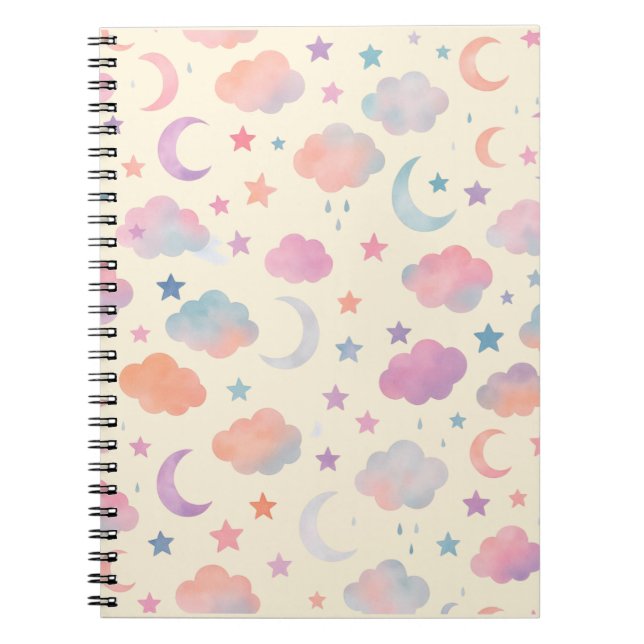 Caderno Espiral Sonhos do Céu Pastel - Lua, Estrelas e Nuvens Padr (Frente)