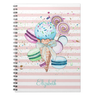 Caderno Espiral Sorvete de Aquarela,Macarões,Faixa Rosa