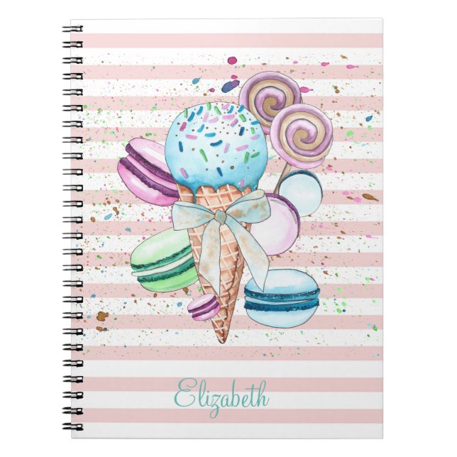 Caderno Espiral Sorvete de Aquarela,Macarões,Faixa Rosa (Frente)