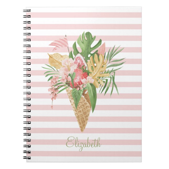 Caderno Espiral Sorvete,Fruta de Folhas Tropicais,Faixa Rosa (Frente)