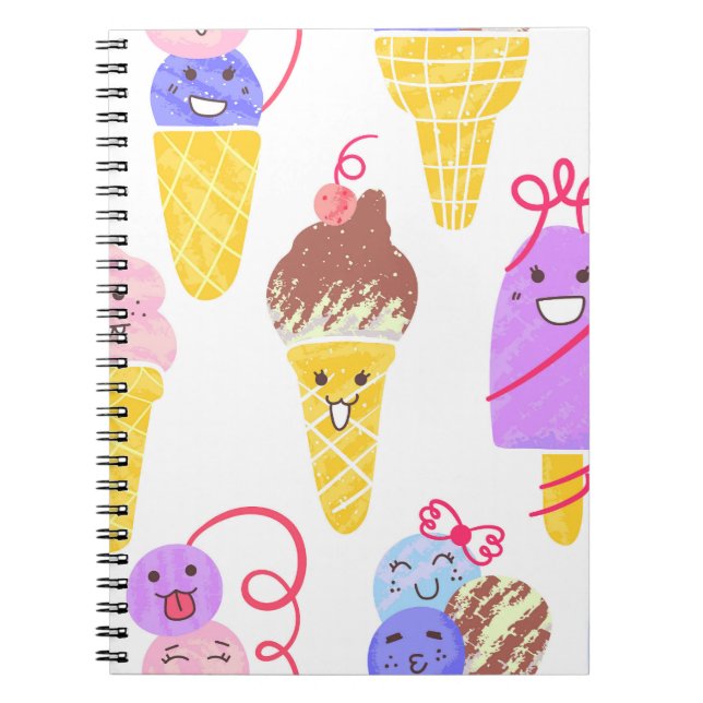 Caderno Espiral Sorvetes Kawaii, um padrão bonito e perfeito. (Frente)