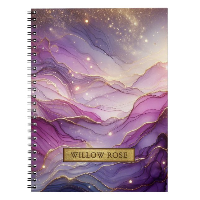 Caderno Espiral Sparkle Pink Roxo-Roxo de Nome Dourado Abstrato (Frente)