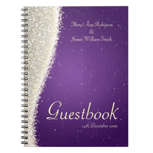 Caderno Espiral Sparkles do brilho do Guestbook do casamento roxos (Frente)