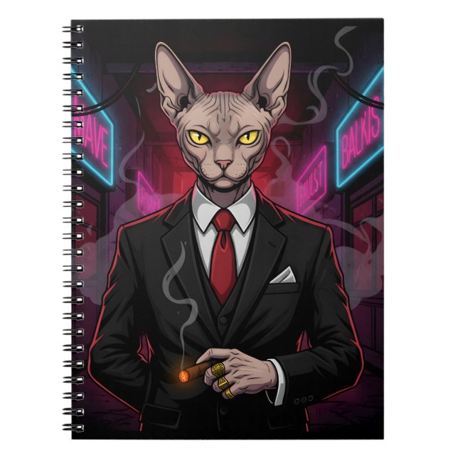 Caderno Espiral Sphynx Mafia Cat in Neon Noir Style (Frente)