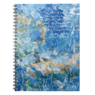 Caderno Espiral Spiral Notebook with mixed media artwork in blues.