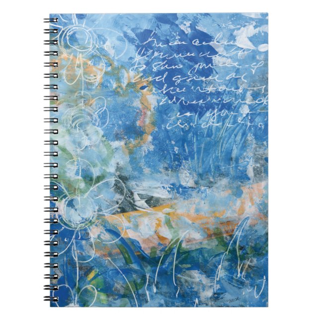 Caderno Espiral Spiral Notebook with mixed media artwork in blues. (Frente)