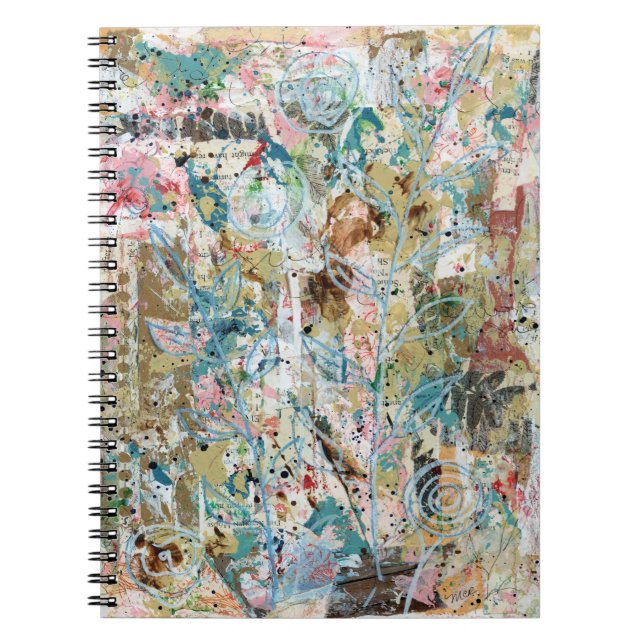 Caderno Espiral Spiral notebook with mixed media floral artwork. (Frente)