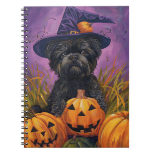 Caderno Espiral Spooky Affenpinscher Halloween Witch e Pumpkin