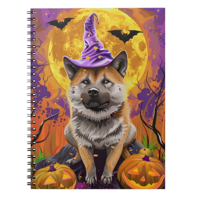 Caderno Espiral Spooky Akita Halloween Witch e Pumpkin (Frente)