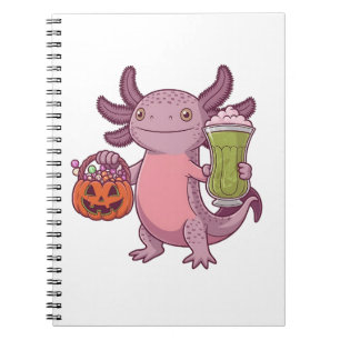 Caderno Espiral Spooky Axolotl Segurando Matcha e Tratando Hallowe