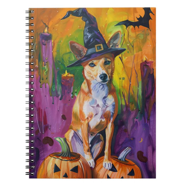 Caderno Espiral Spooky Basenji Halloween Witch E Pumpkin (Frente)
