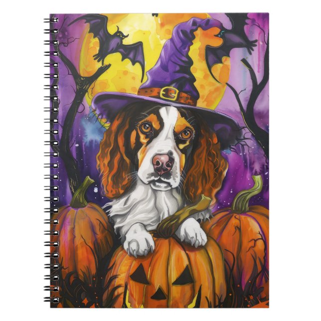 Caderno Espiral Spooky Brittany Spaniel Halloween Witch Pumpkin (Frente)