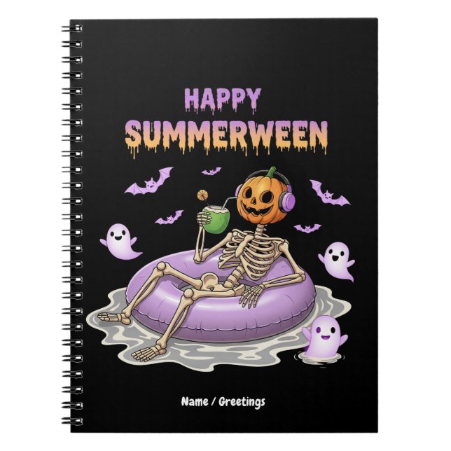 Caderno Espiral Spooky Pumpkin Faced Skeleton Fun Happy Summerween (Frente)