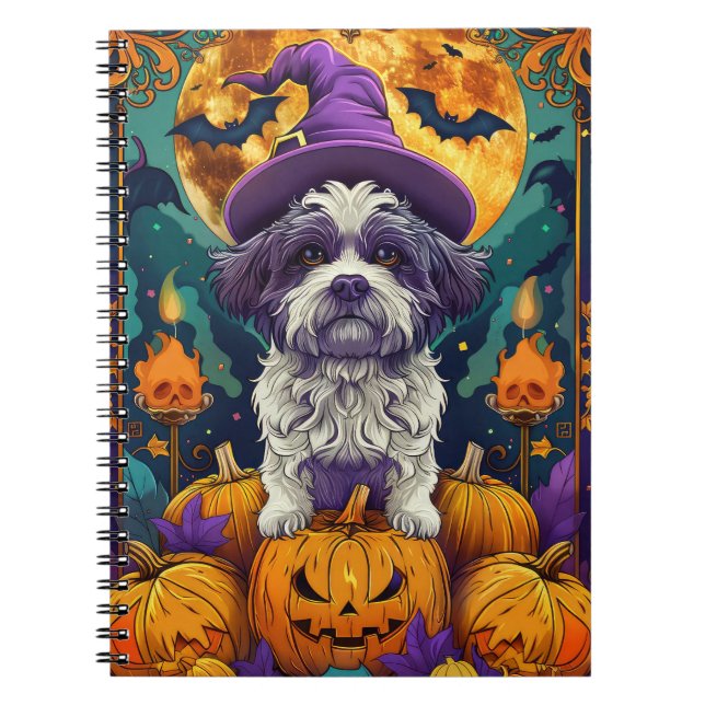 Caderno Espiral Spooky Shih Tzu Dog Halloween Bruxelles E Pumpkin (Frente)