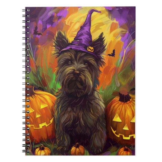 Caderno Espiral Spooky Skye Terrier Cachorro Bruxa de Halloween (Frente)