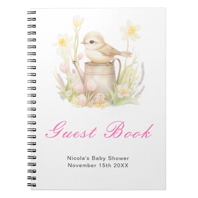 Caderno Espiral Spring Bird Watering Can Baby Shower Guest Book (Frente)