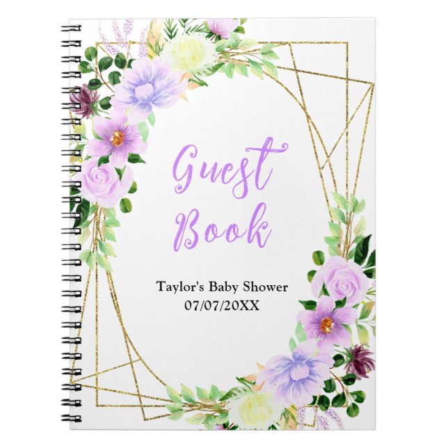 Caderno Espiral Spring Purple Floral Baby Shower Guest Book (Frente)