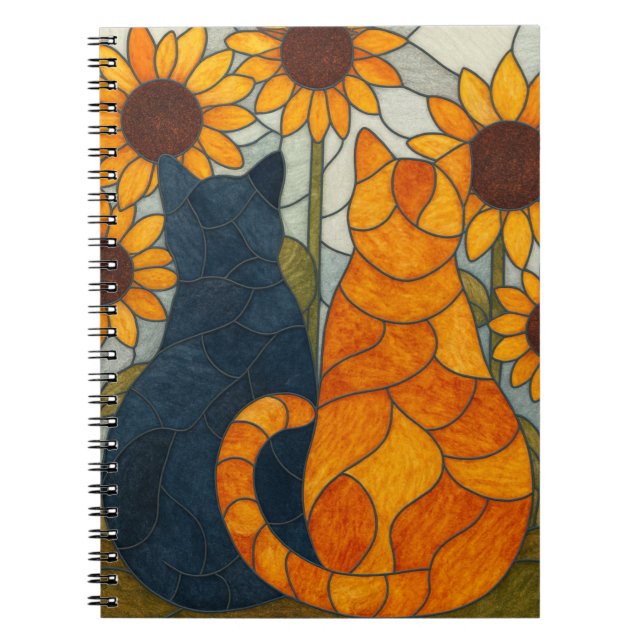 Caderno Espiral Stained Glass Cats and Sunflowers Art Design (Frente)
