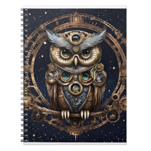 Caderno Espiral Steampunk Owl contra o céu estrelado