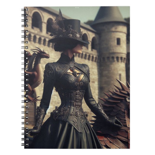 Caderno Espiral Steampunk Victorian Industrial Lady Dragon Rider (Frente)