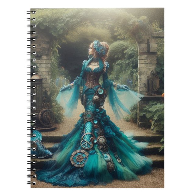 Caderno Espiral Steampunk Vintage Victorian Lady Teal Mermaid (Frente)