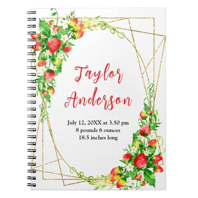 Caderno Espiral Strawberries and Foliage Baby Birth Stats (Frente)